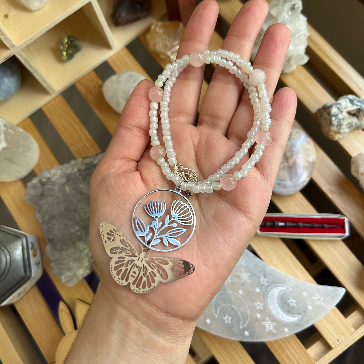 Rose Quartz Butterfly Garden Beaded Necklace