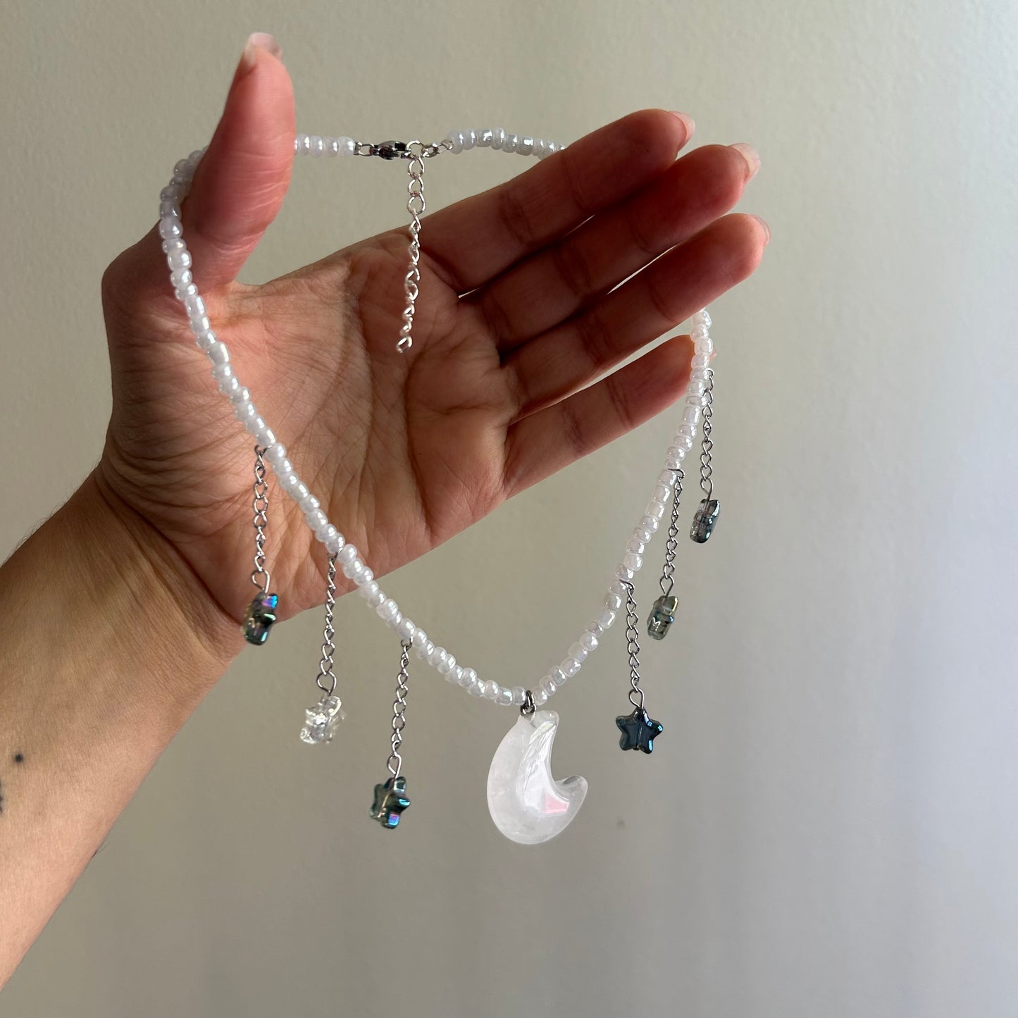Clear Quartz Moon & Stars Beaded Necklace
