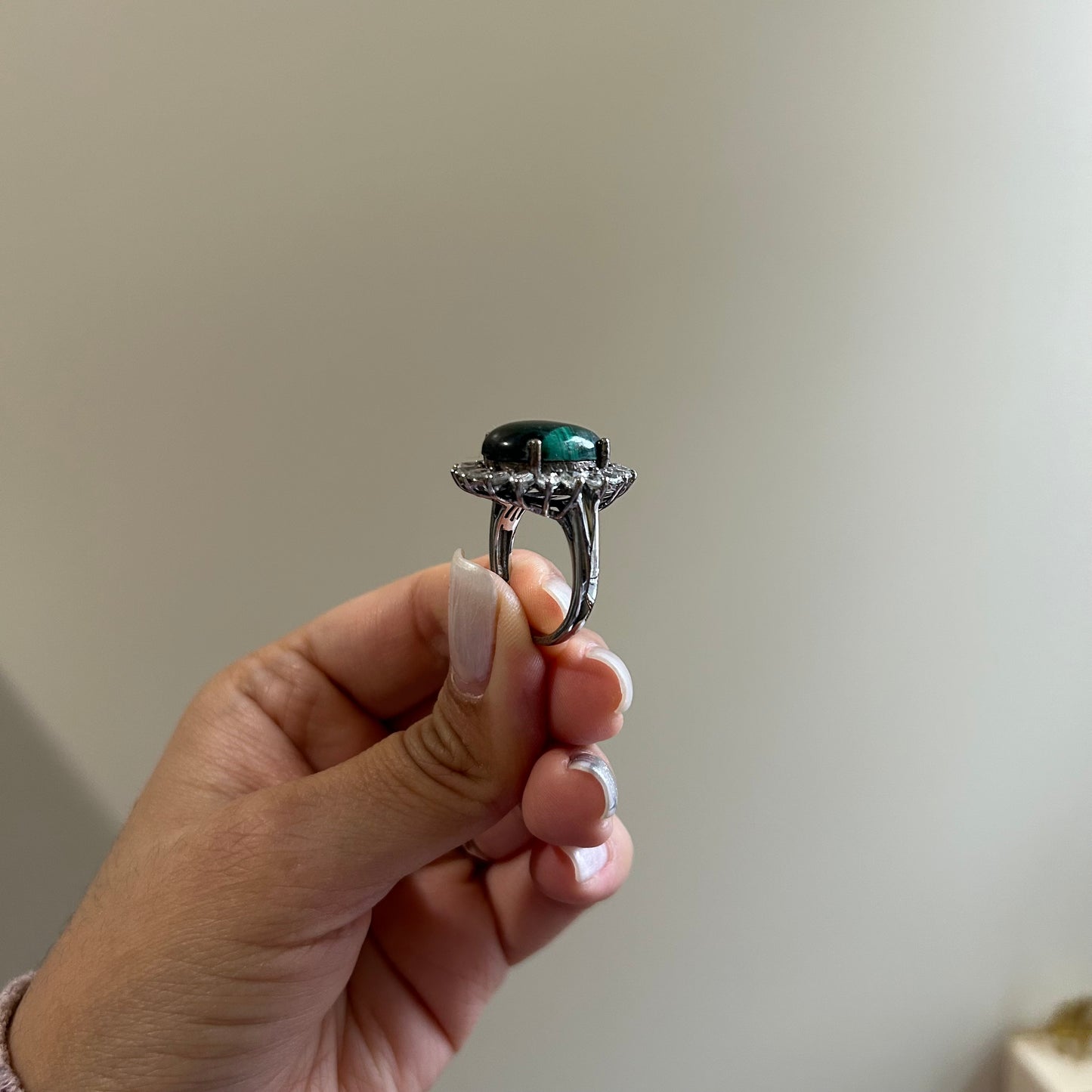 Vintage Malachite & CZ Sterling Silver Ring (SIZE US 9)