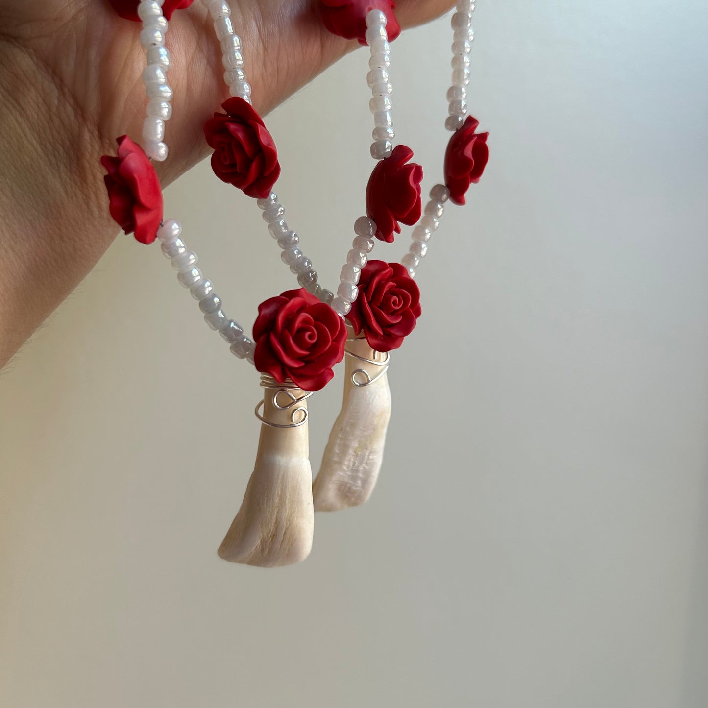 Buffalo Tooth & Rose Beaded Necklace