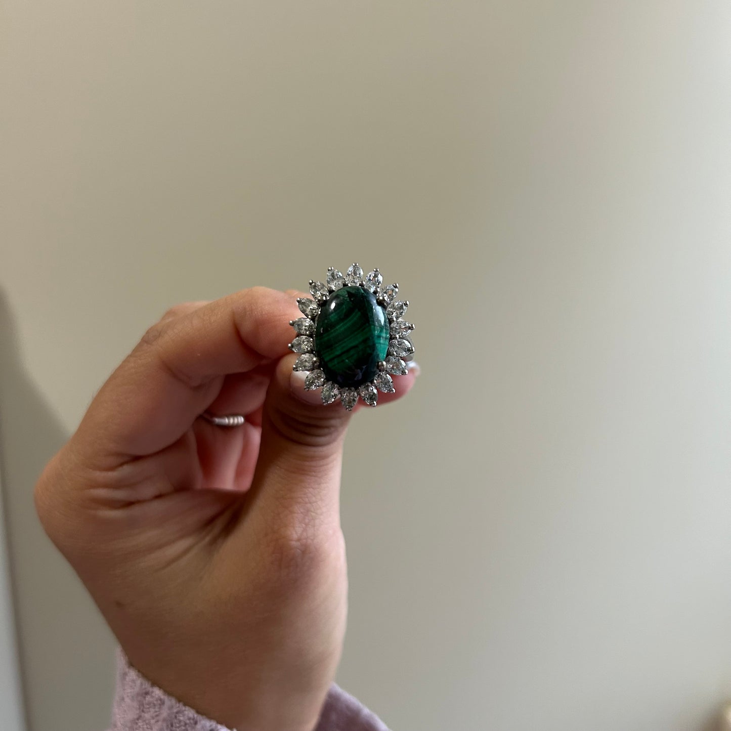 Vintage Malachite & CZ Sterling Silver Ring (SIZE US 9)