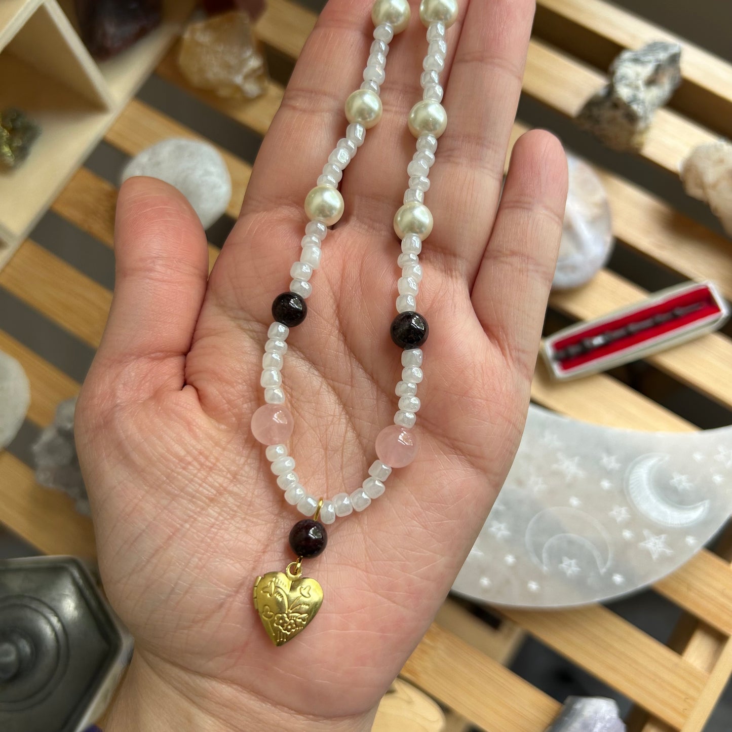 Garnet & Rose Quartz Locket Beaded Necklace