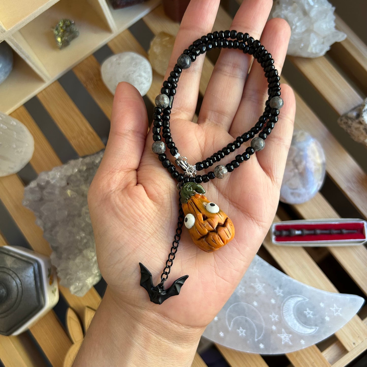 Goofy Pumpkin and Bat Beaded Necklace