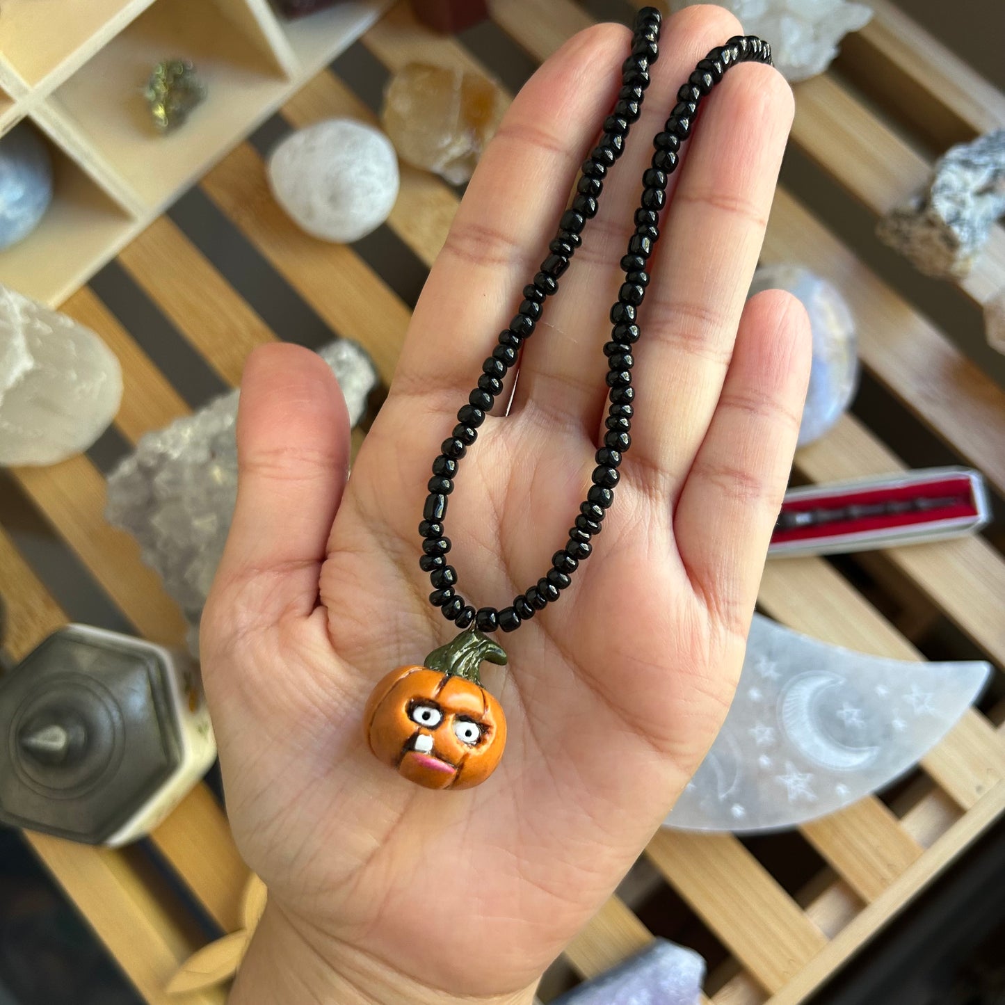 Goofy Toothy Pumpkin Beaded Necklace
