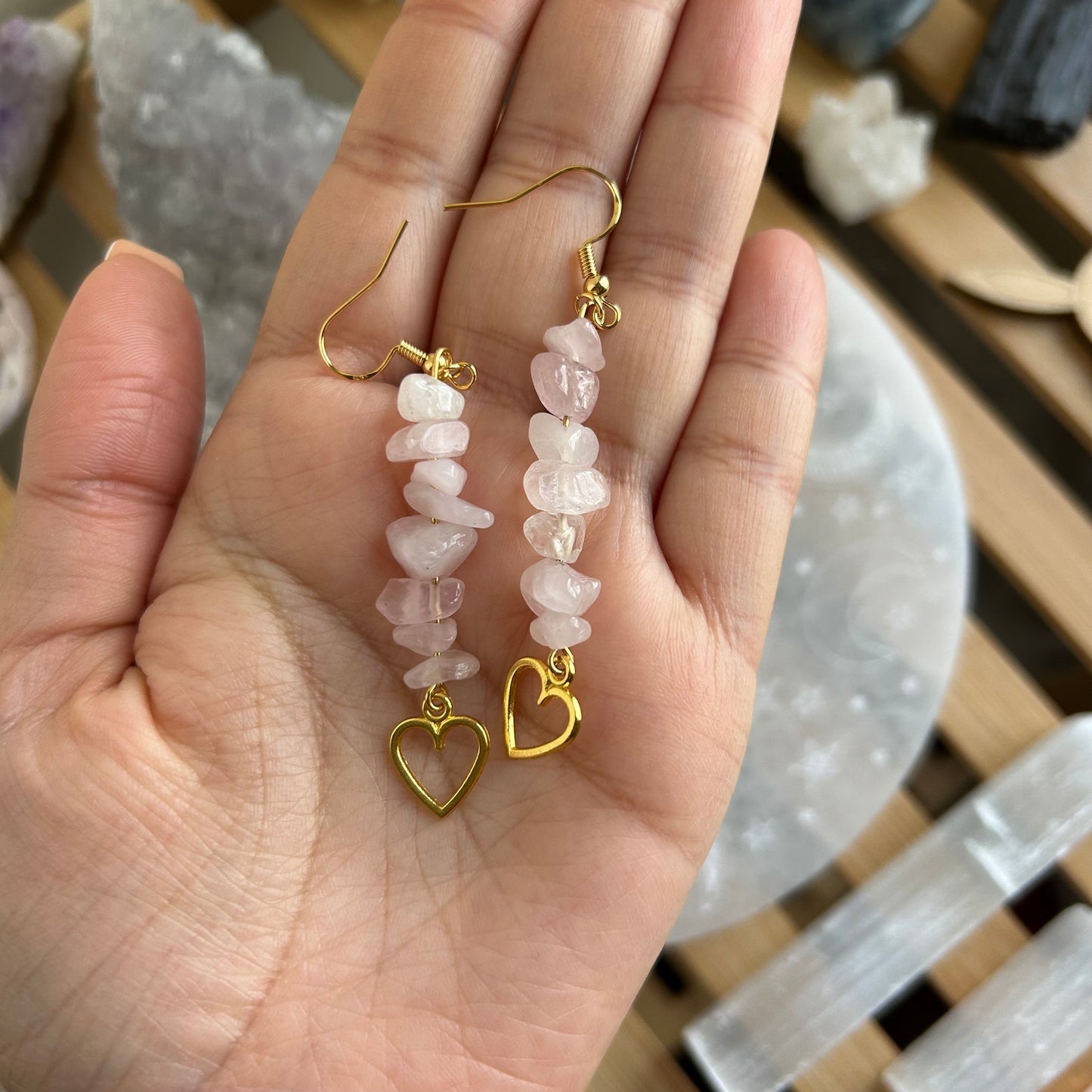 Gold Rose Quartz Heart Earrings