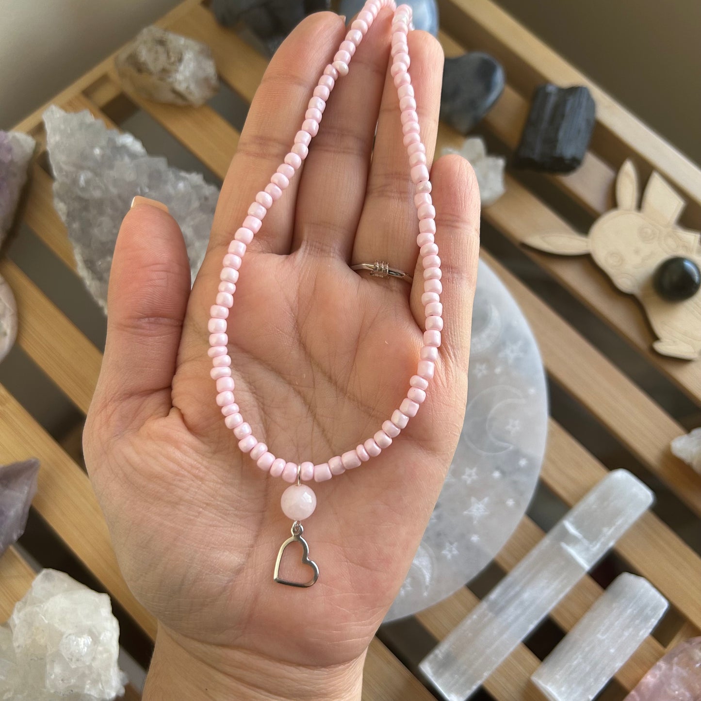 Rose Quartz Heart Beaded Necklace
