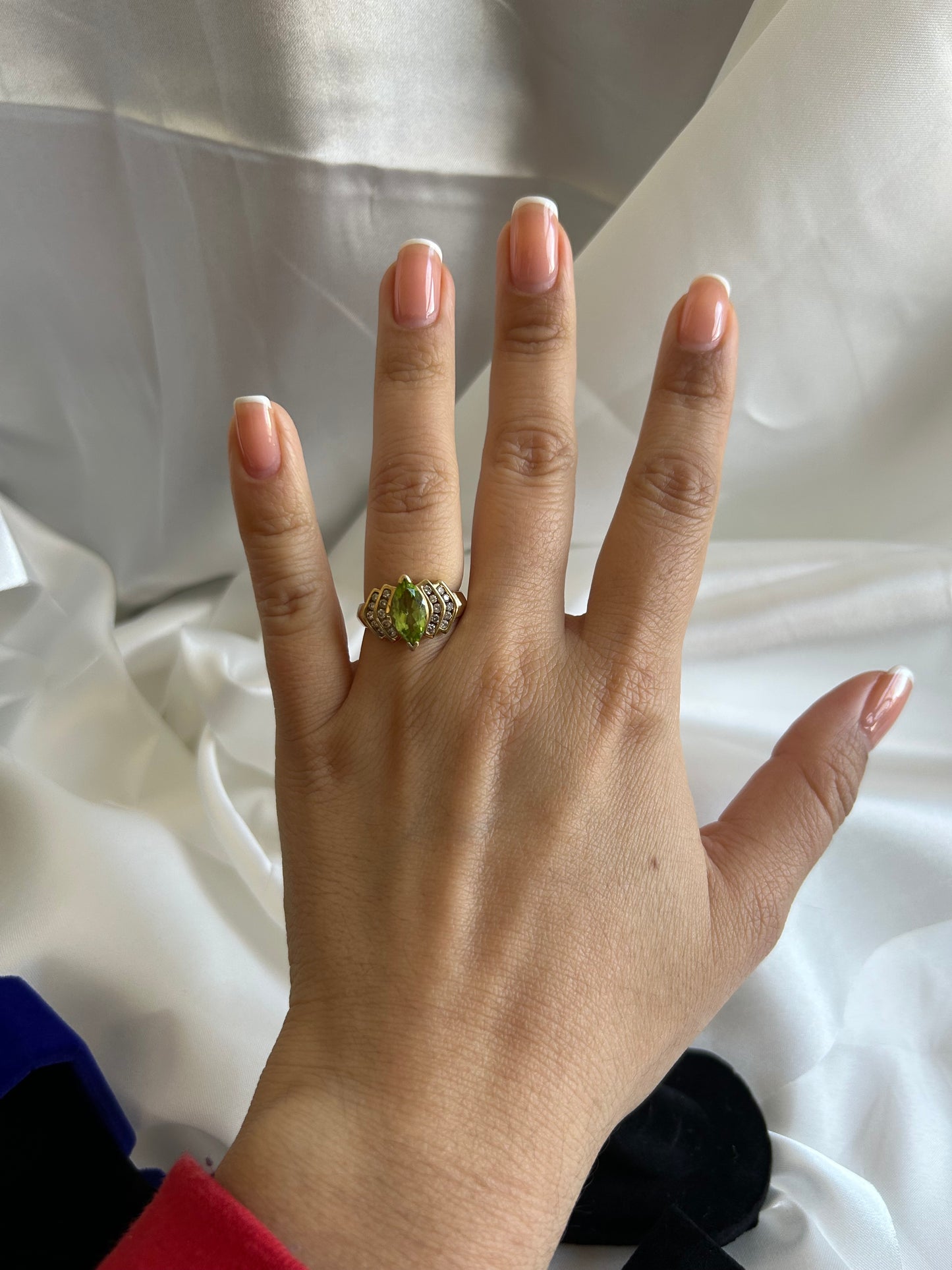 Vintage 14K Yellow Gold Peridot and Diamond Marquise Ring (size US 7)