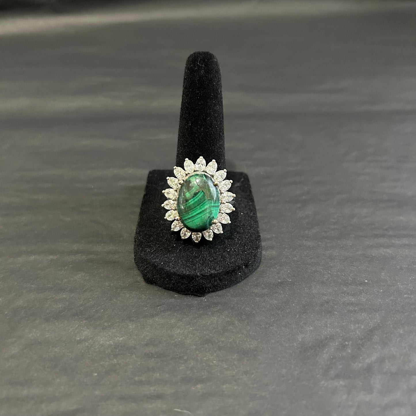 Vintage Malachite & CZ Sterling Silver Ring (SIZE US 9)