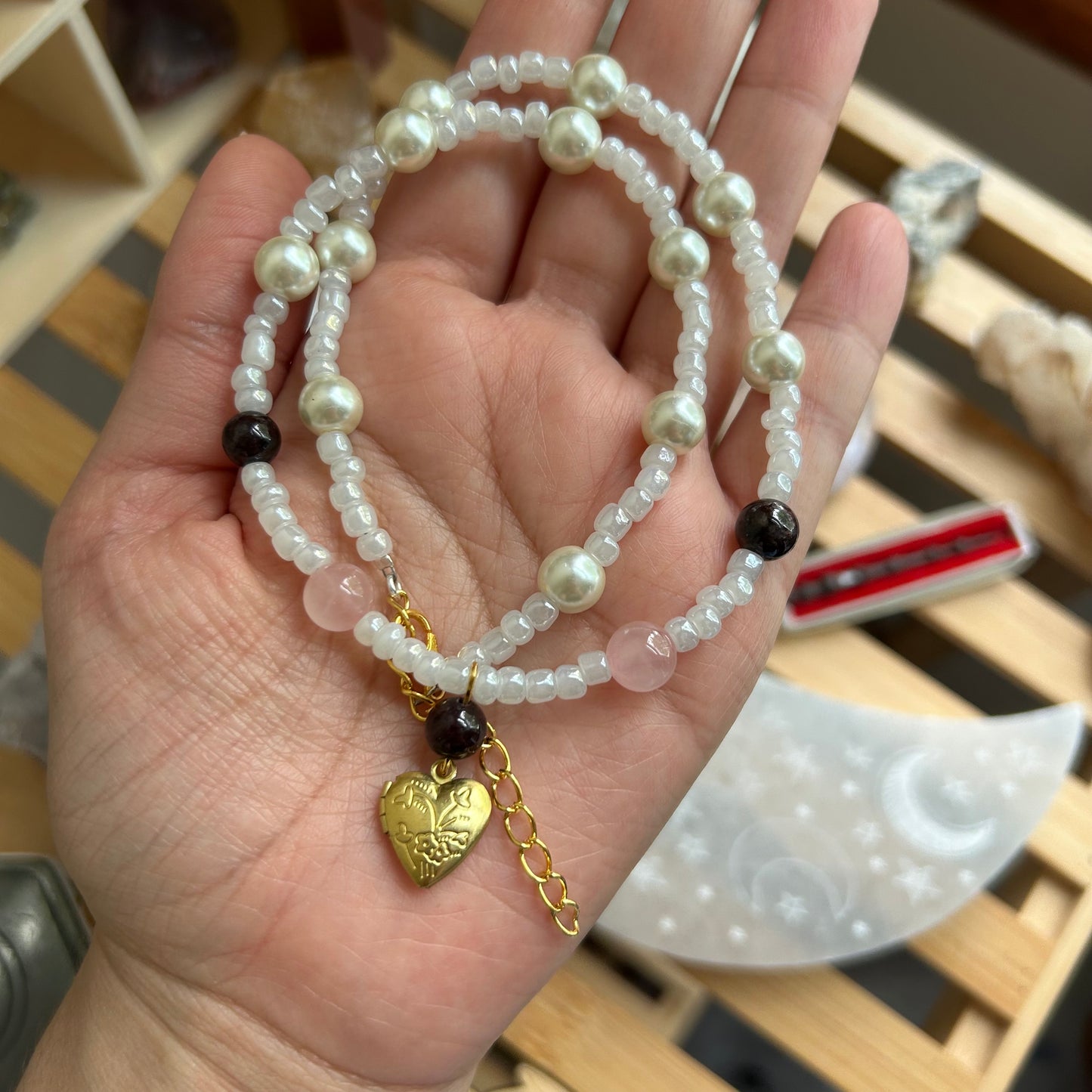 Garnet & Rose Quartz Locket Beaded Necklace