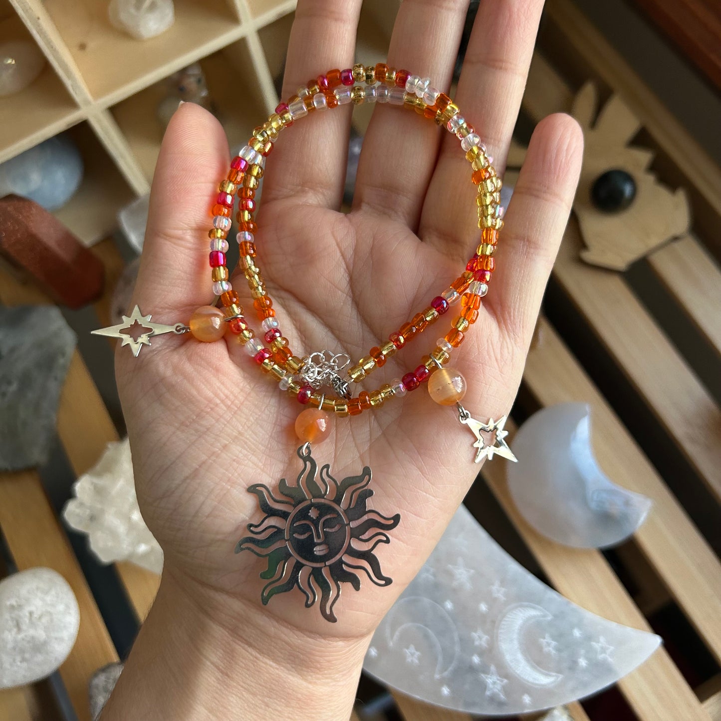 Carnelian Celestial Sun Beaded Necklace