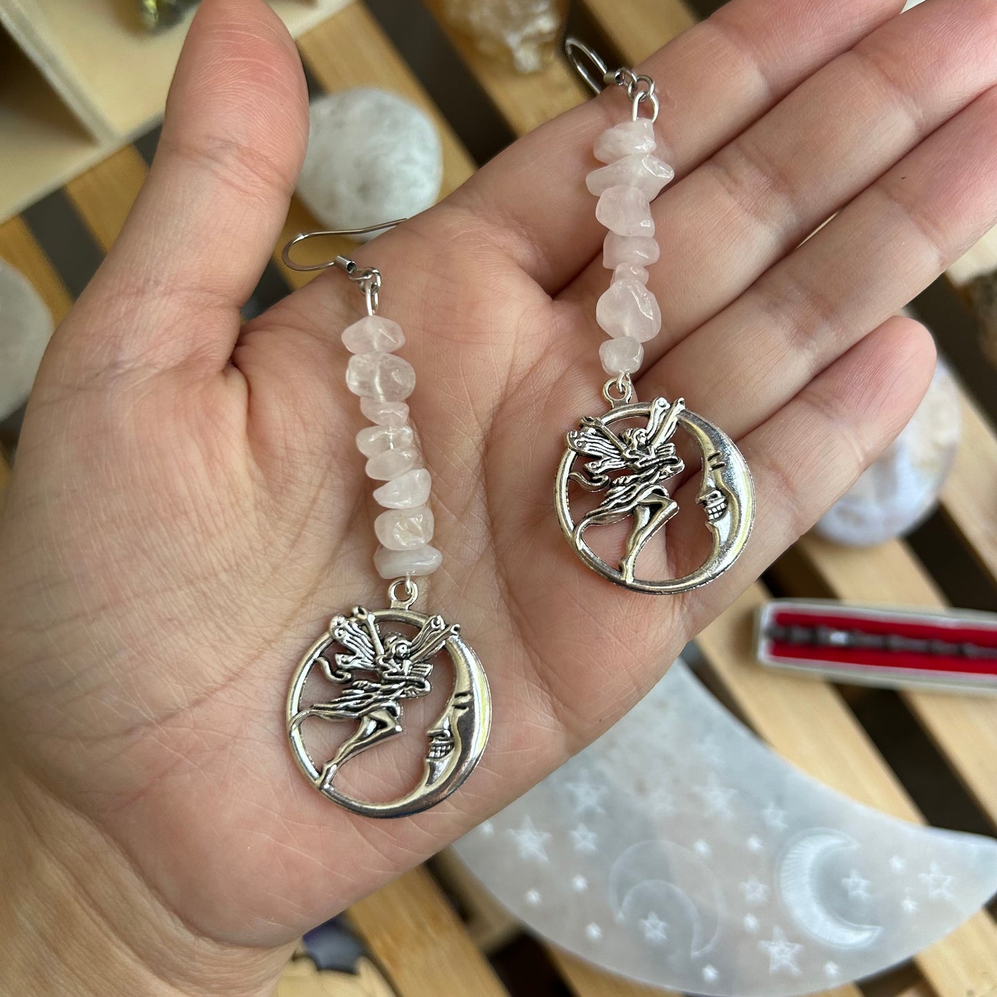 Rose Quartz Fairy Moon Earrings