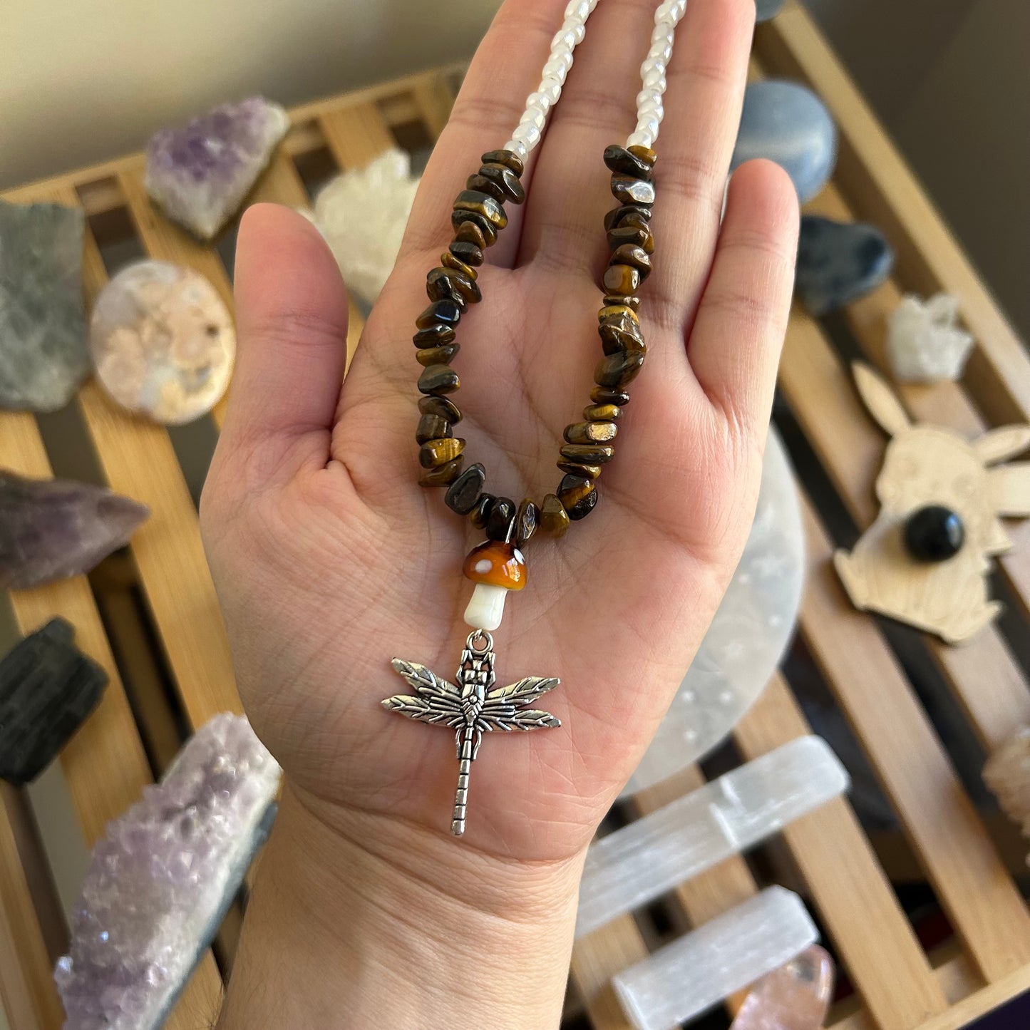 Mushroom Dragonfly Beaded Necklace