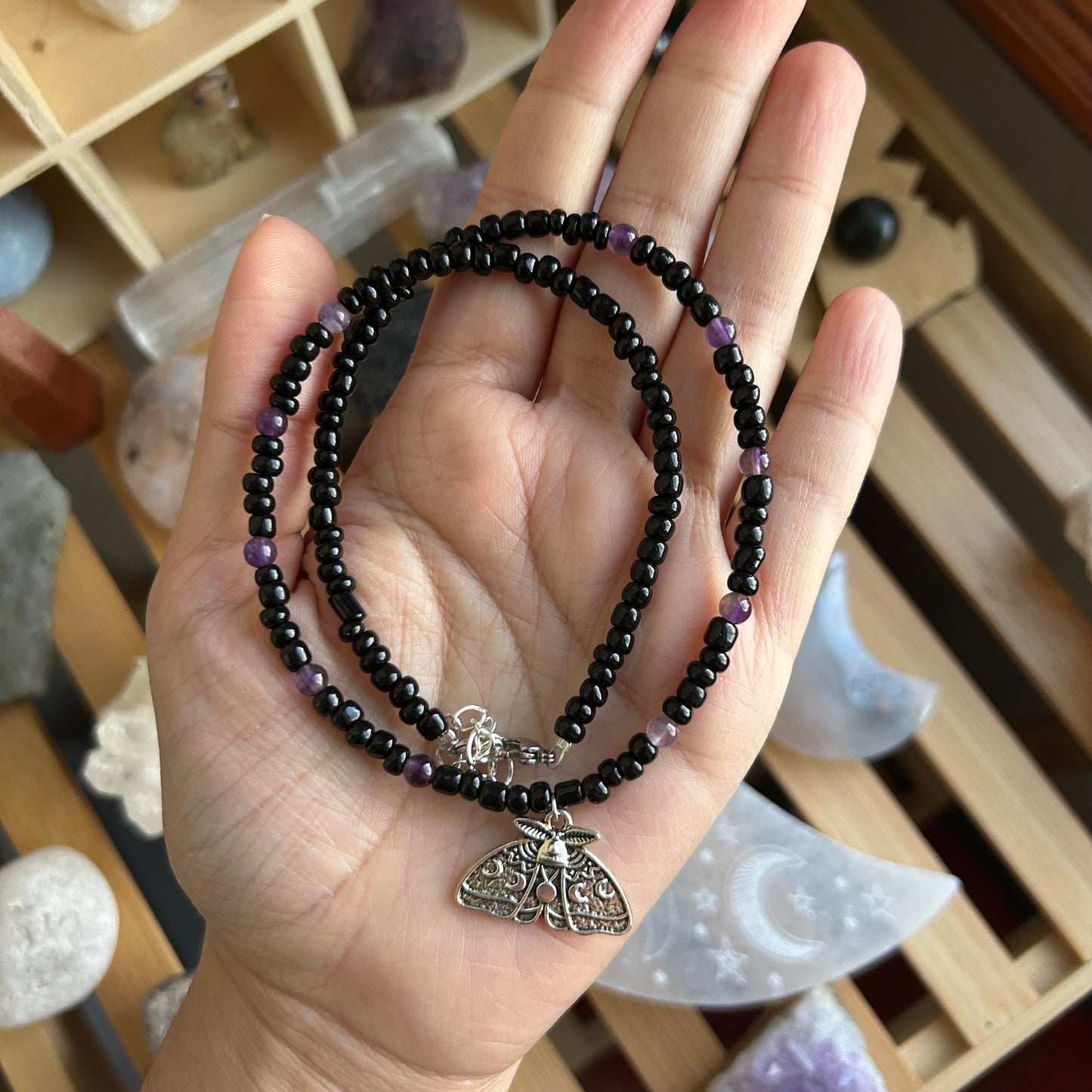 Dark Moth Amethyst Beaded Necklace