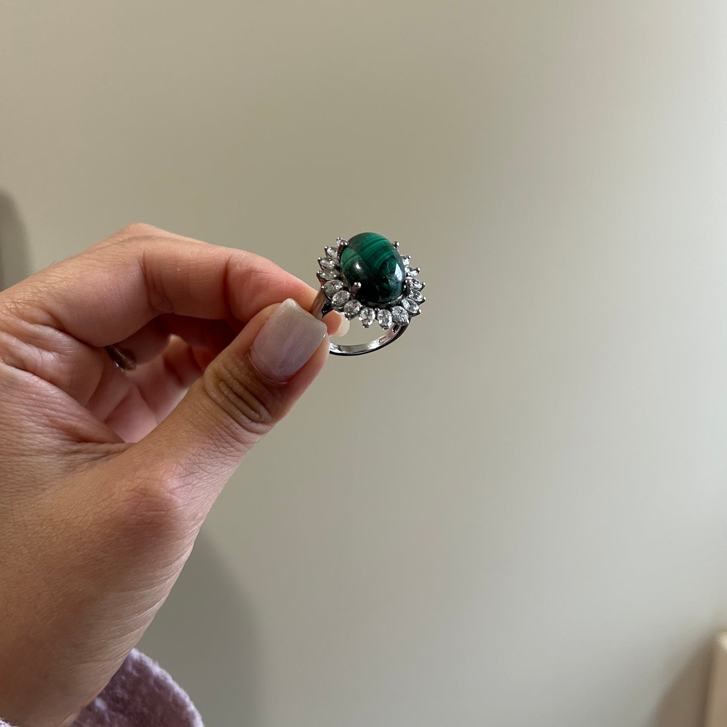 Vintage Malachite & CZ Sterling Silver Ring (SIZE US 9)