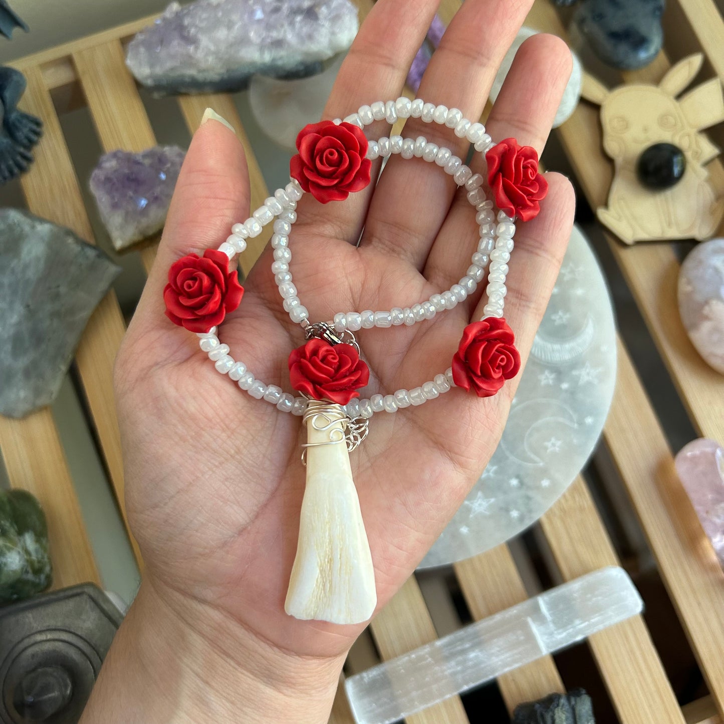 Buffalo Tooth & Rose Beaded Necklace