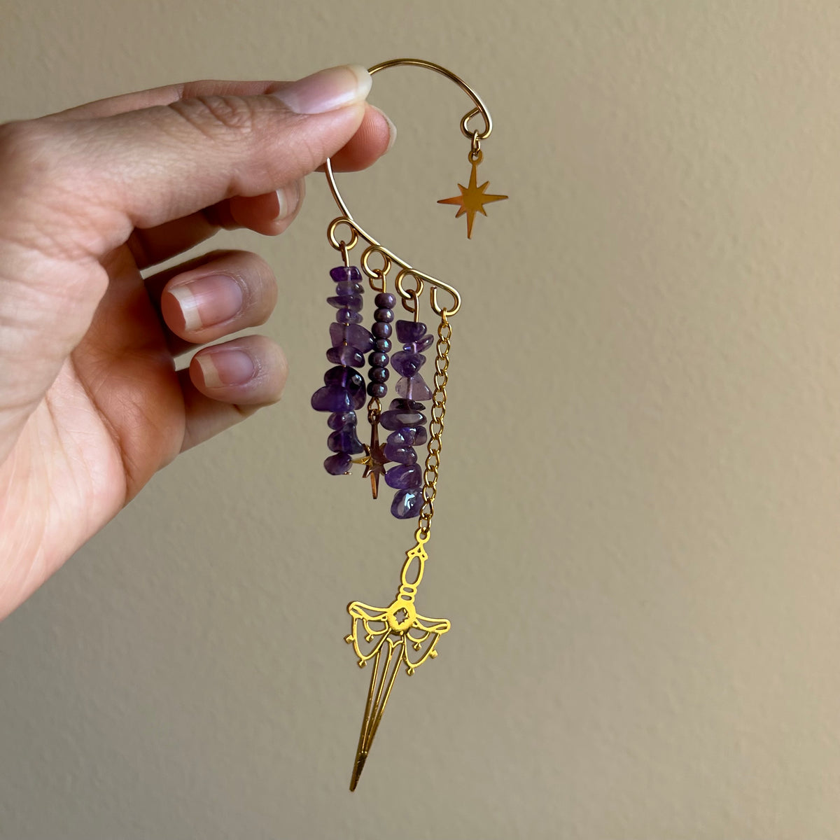 Gold Amethyst Sword Ear Cuffs