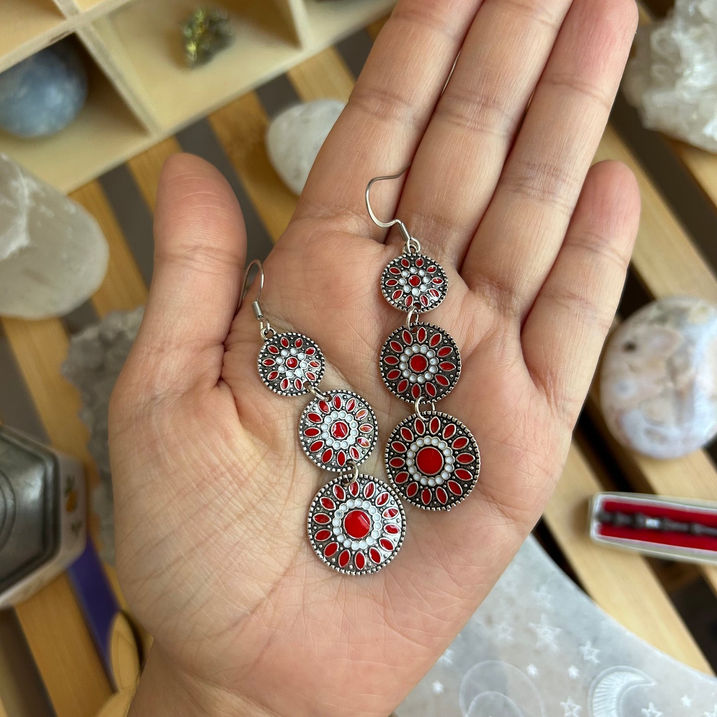 Silver & Red Medallion Earrings