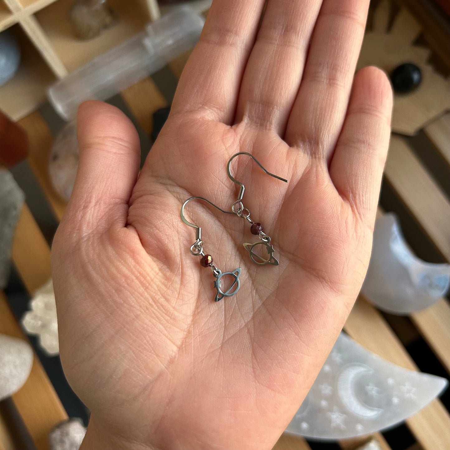 Faceted Garnet Saturn Earrings