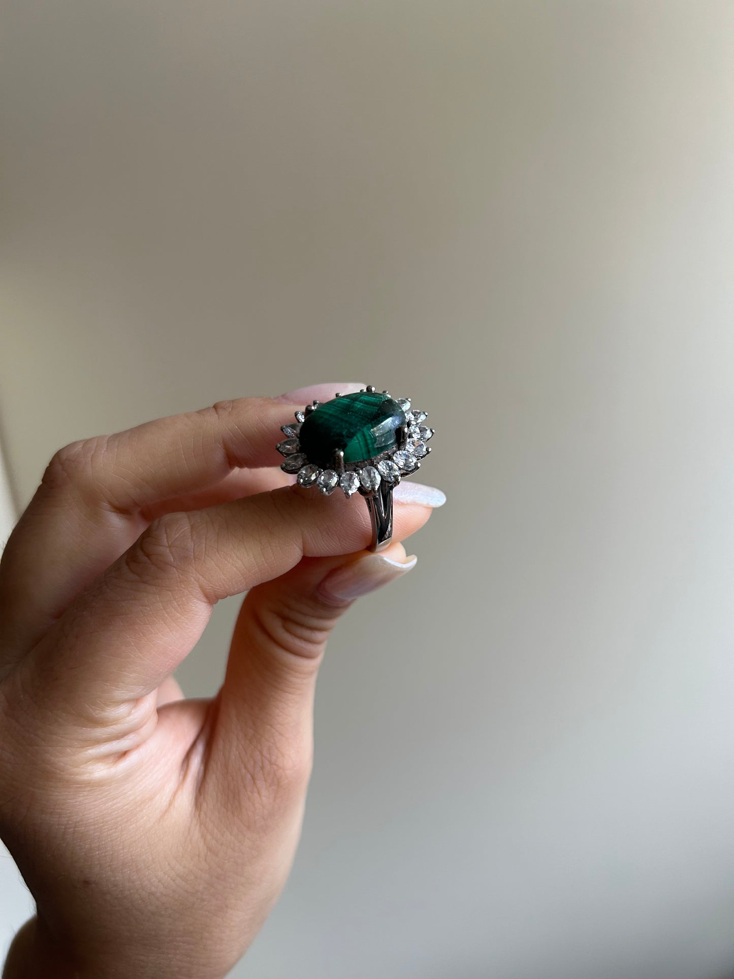 Vintage Malachite & CZ Sterling Silver Ring (SIZE US 9)