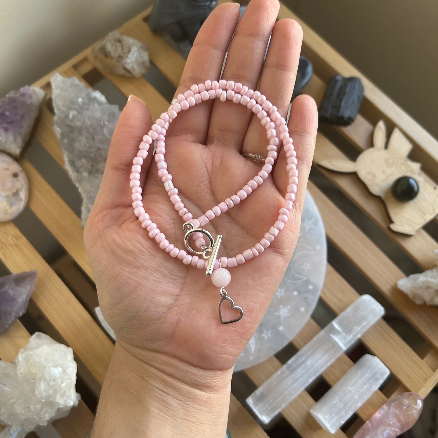 Rose Quartz Heart Beaded Necklace