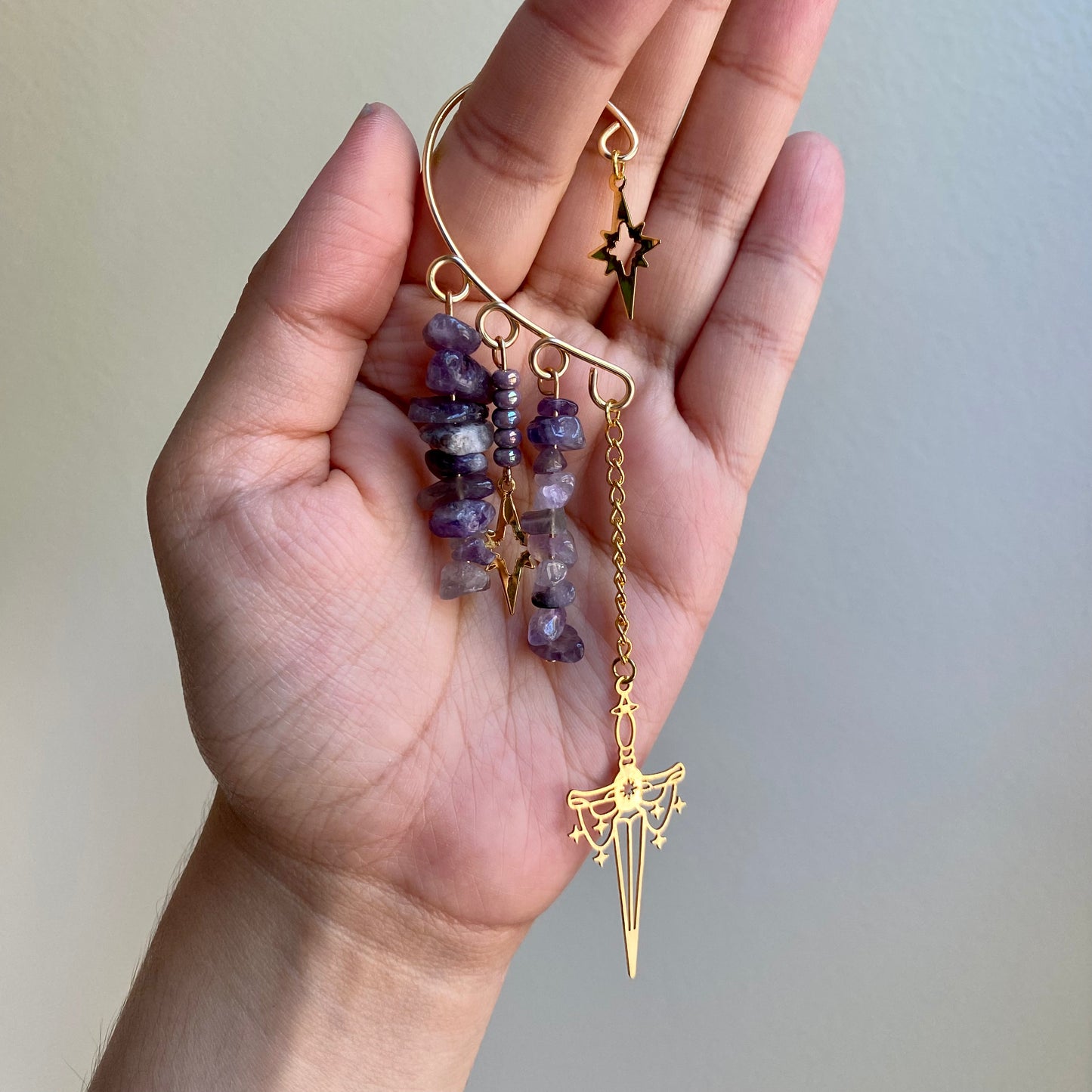 Gold Amethyst Sword Ear Cuffs