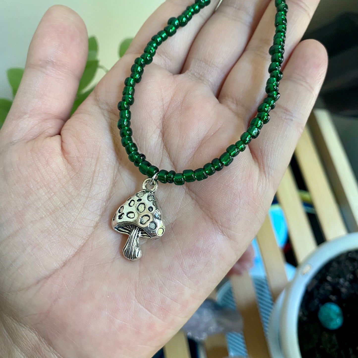 Green Shroom Beaded Necklace