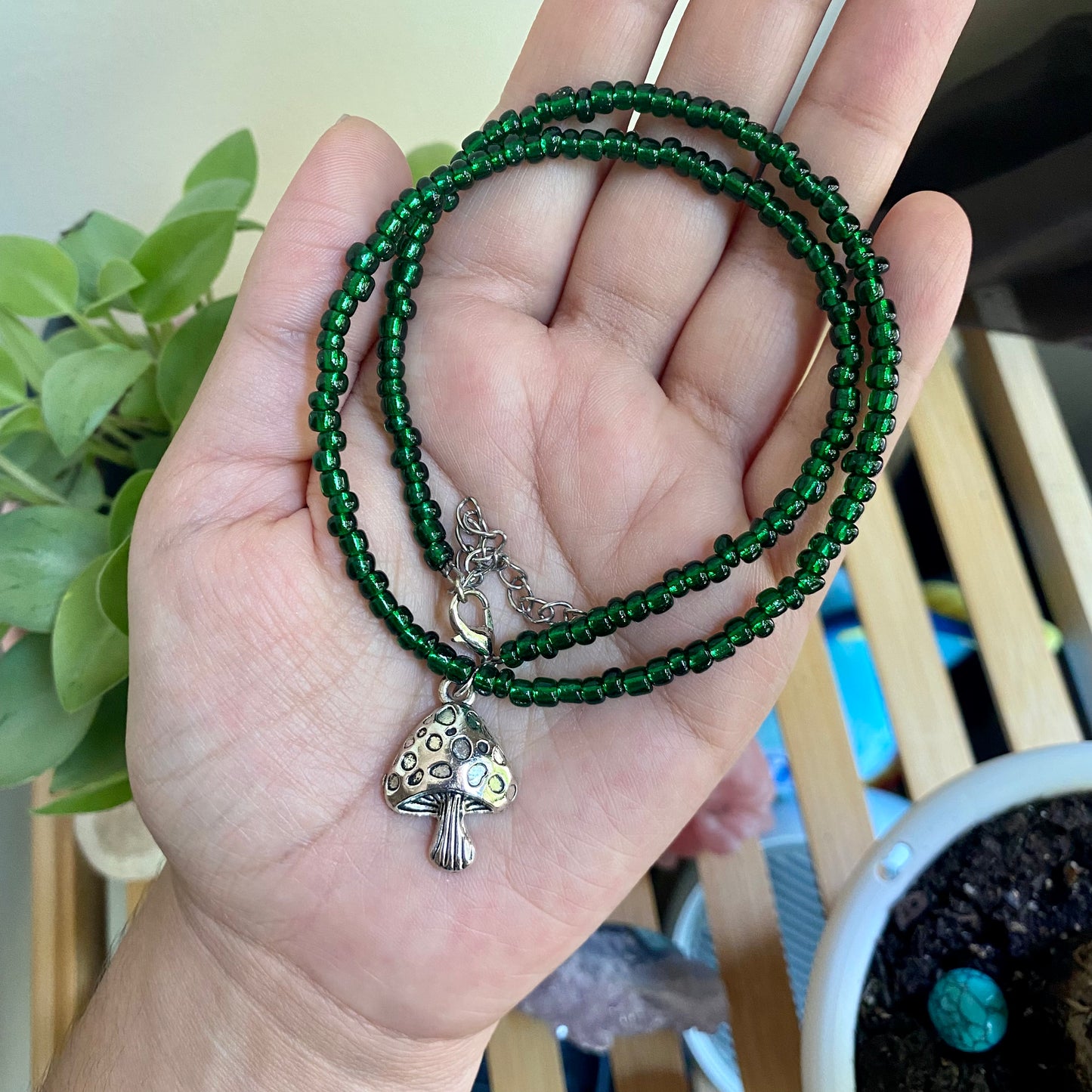 Green Shroom Beaded Necklace