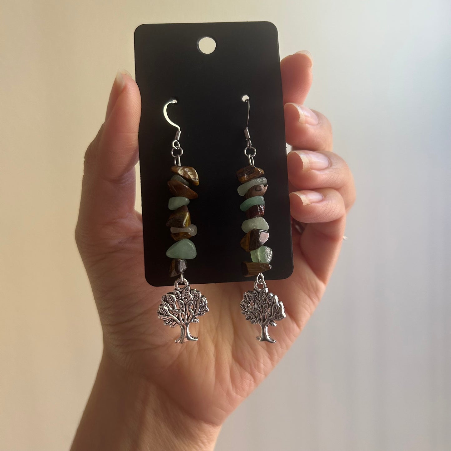 Tigers Eye / Green Aventurine Tree Beaded Earrings