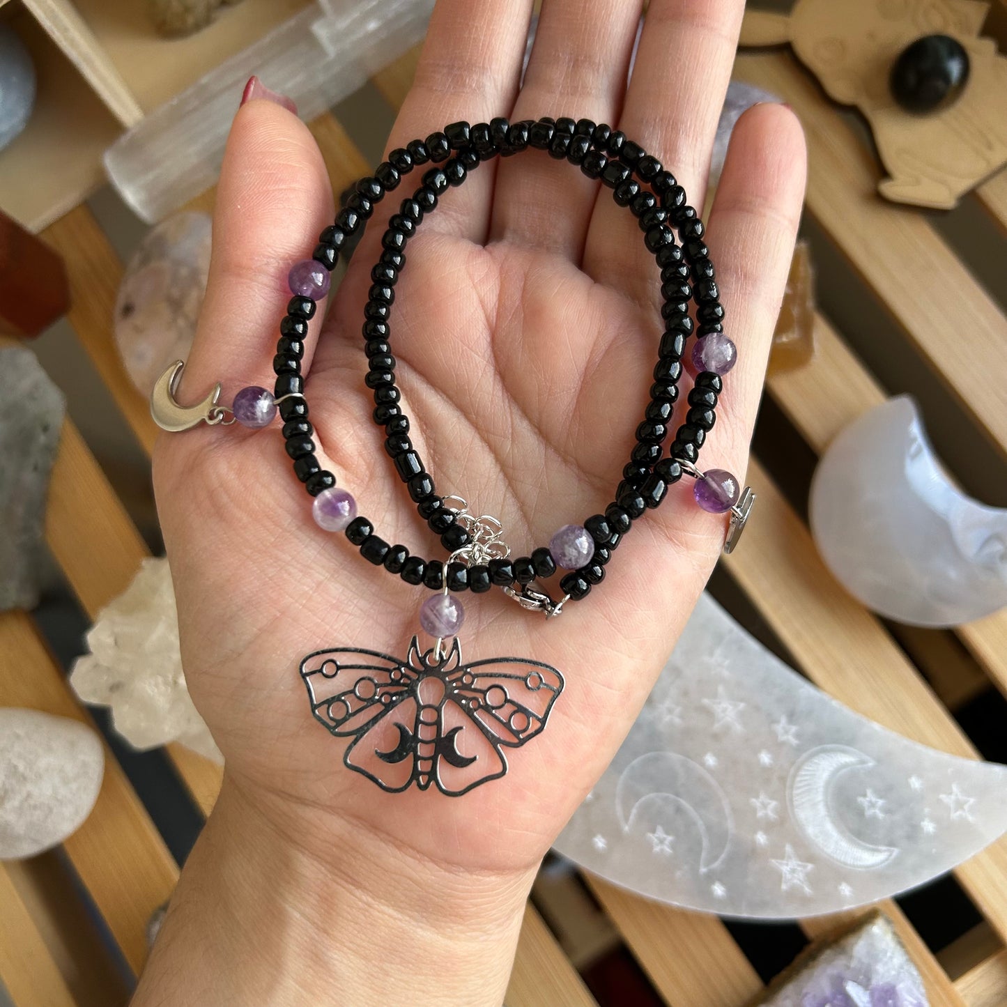 Celestial Amethyst Moth Beaded Necklace