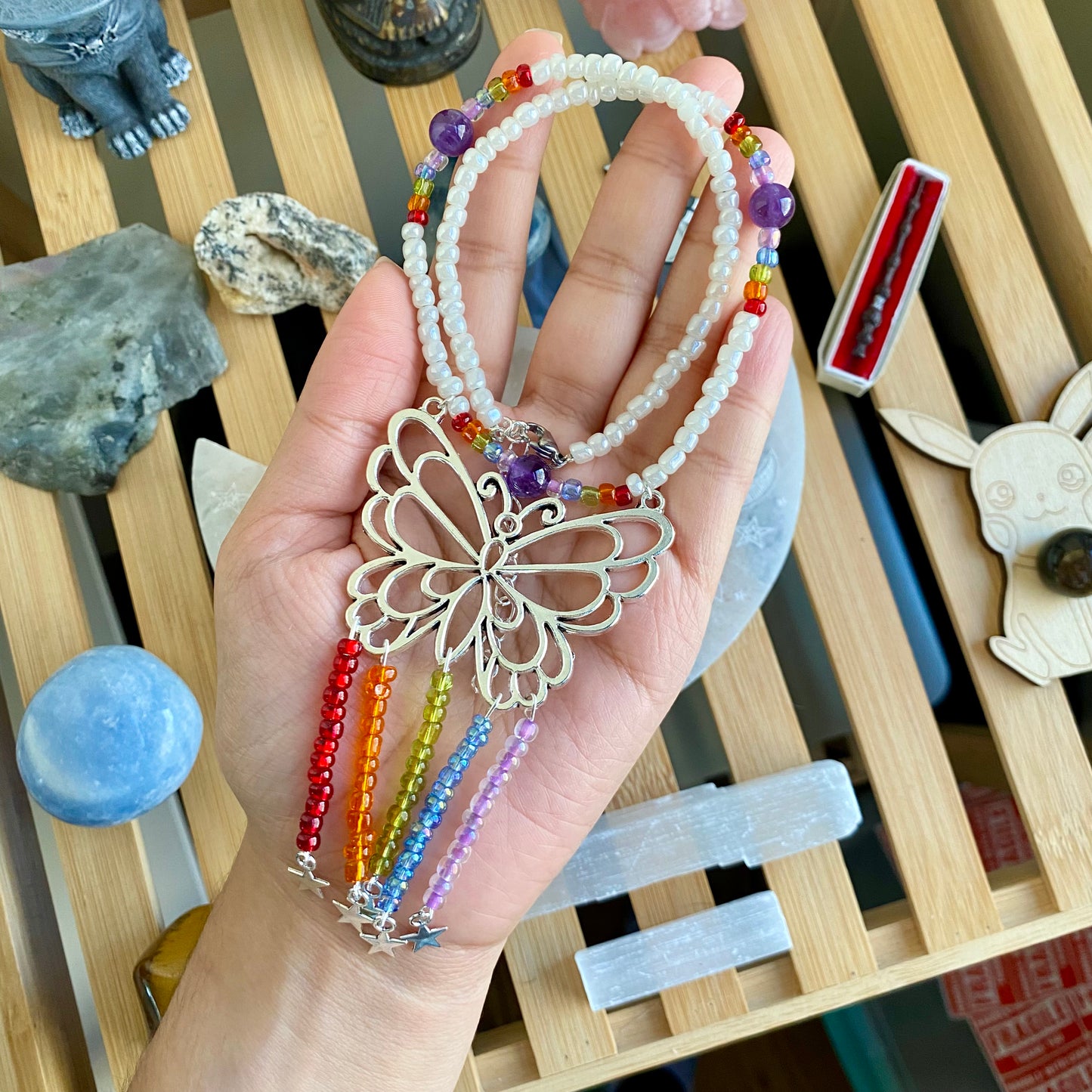 Rainbow Butterfly Beaded Necklace