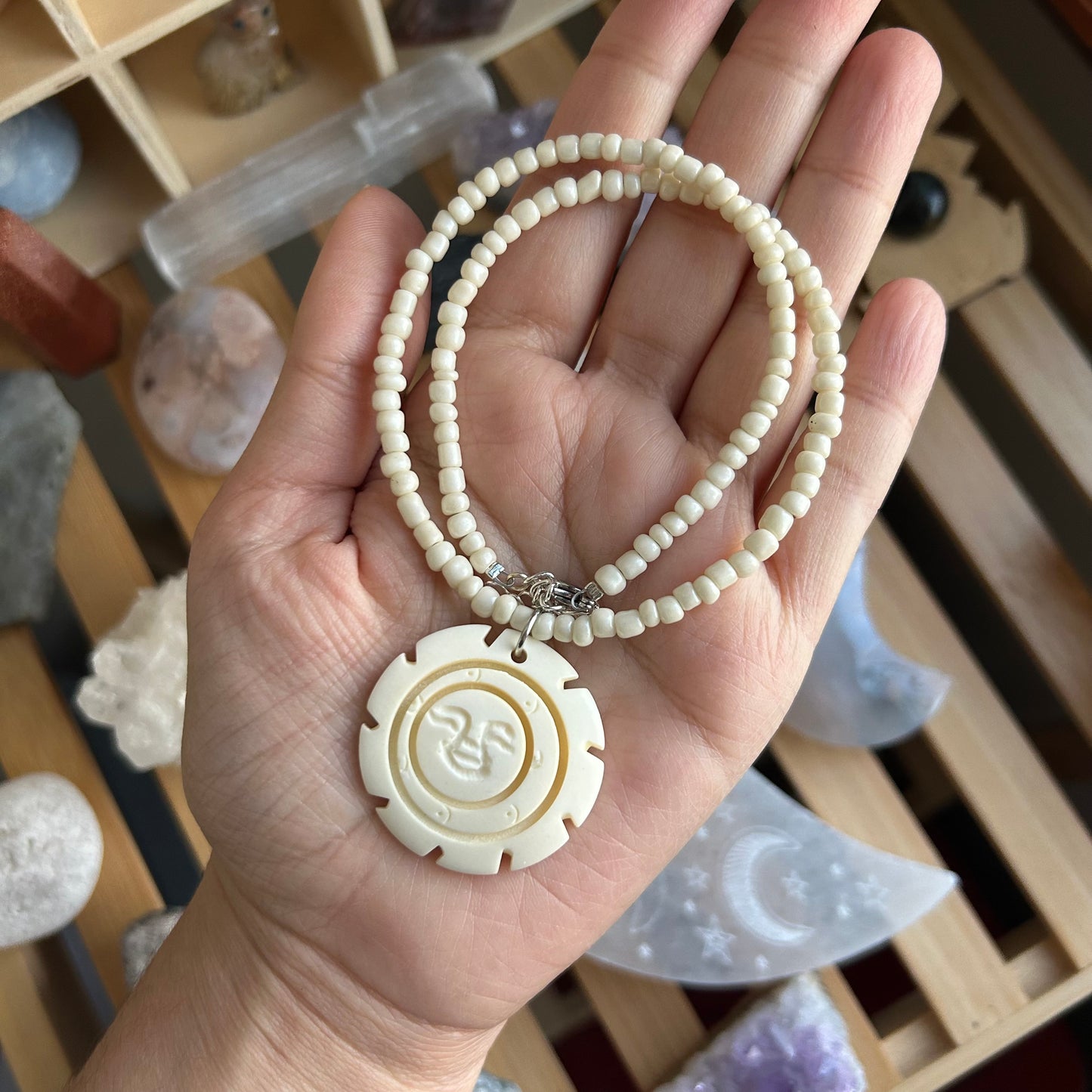 Carved Animal Bone Tribal Beaded Necklace