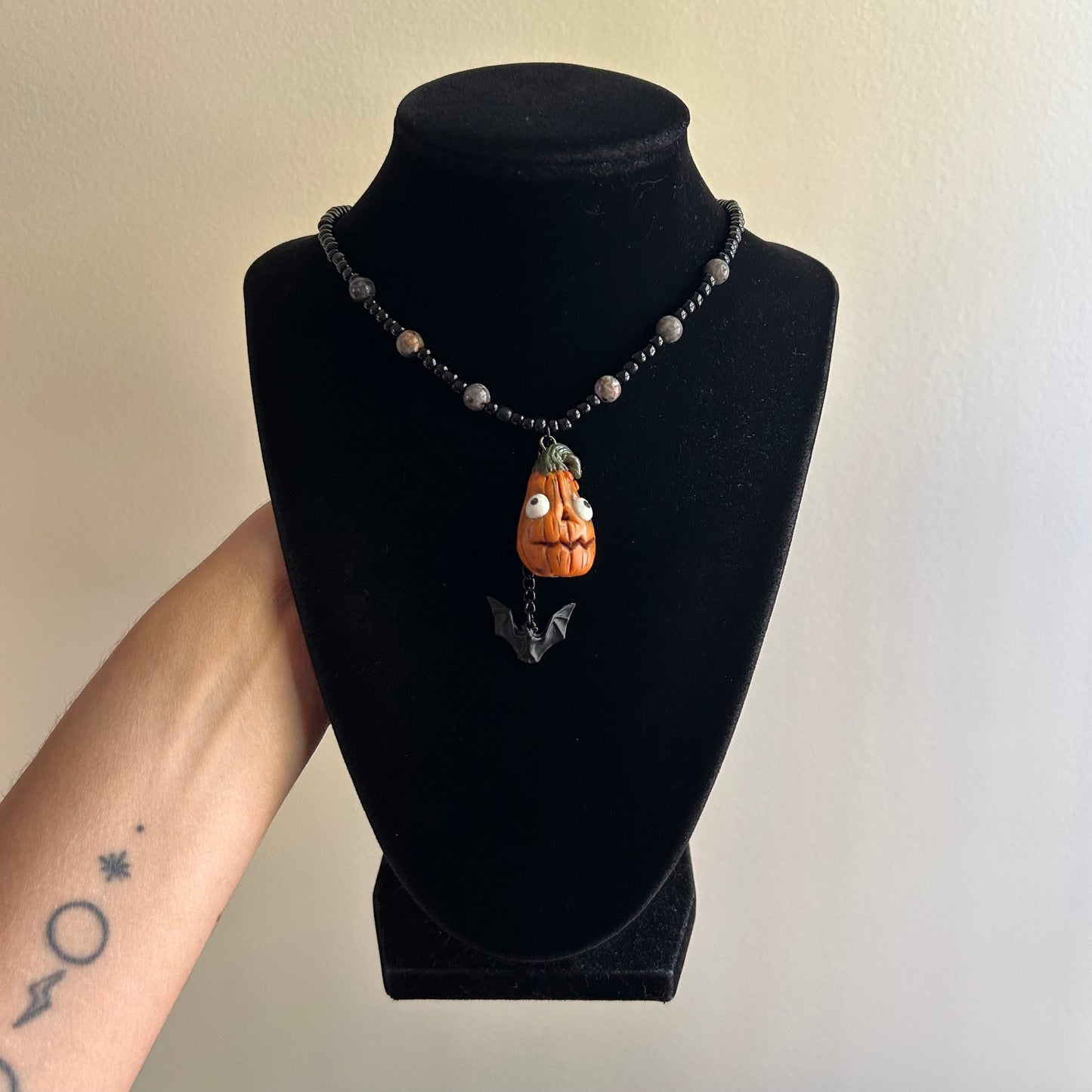 Goofy Pumpkin and Bat Beaded Necklace