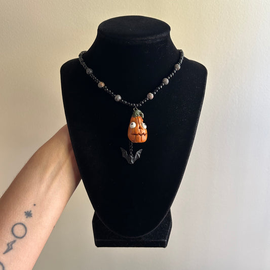Goofy Pumpkin and Bat Beaded Necklace