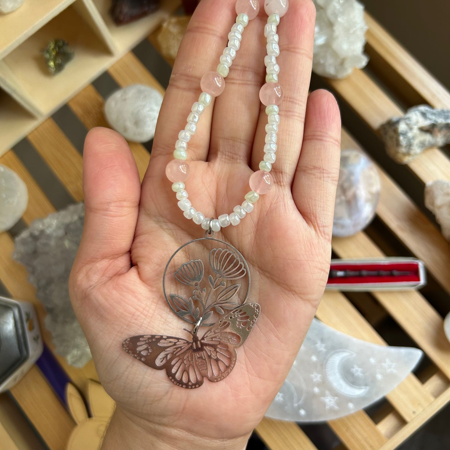 Rose Quartz Butterfly Garden Beaded Necklace