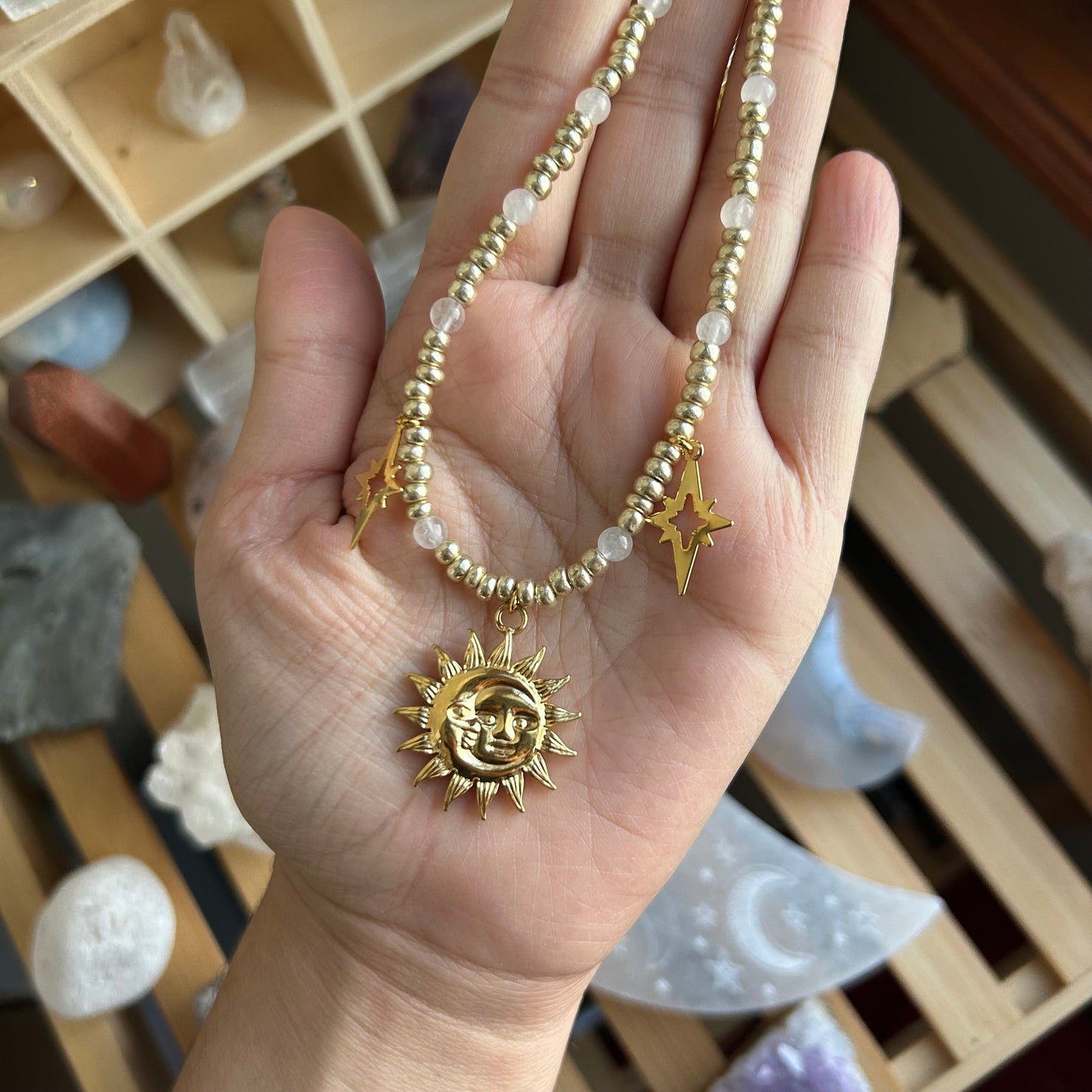 Golden Moon & Sun Quartz Beaded Necklace