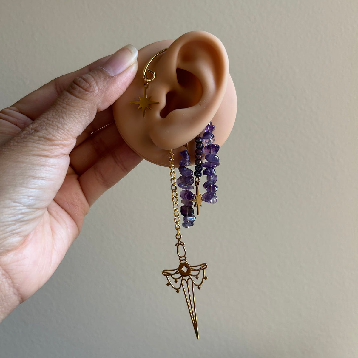 Gold Amethyst Sword Ear Cuffs