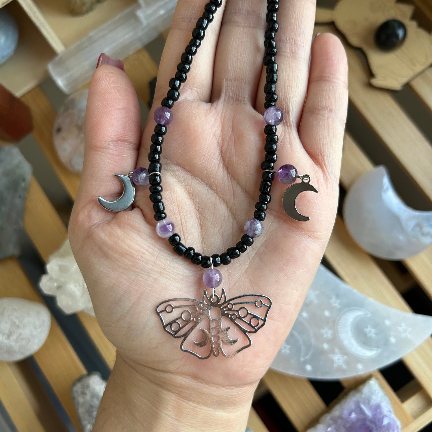 Celestial Amethyst Moth Beaded Necklace