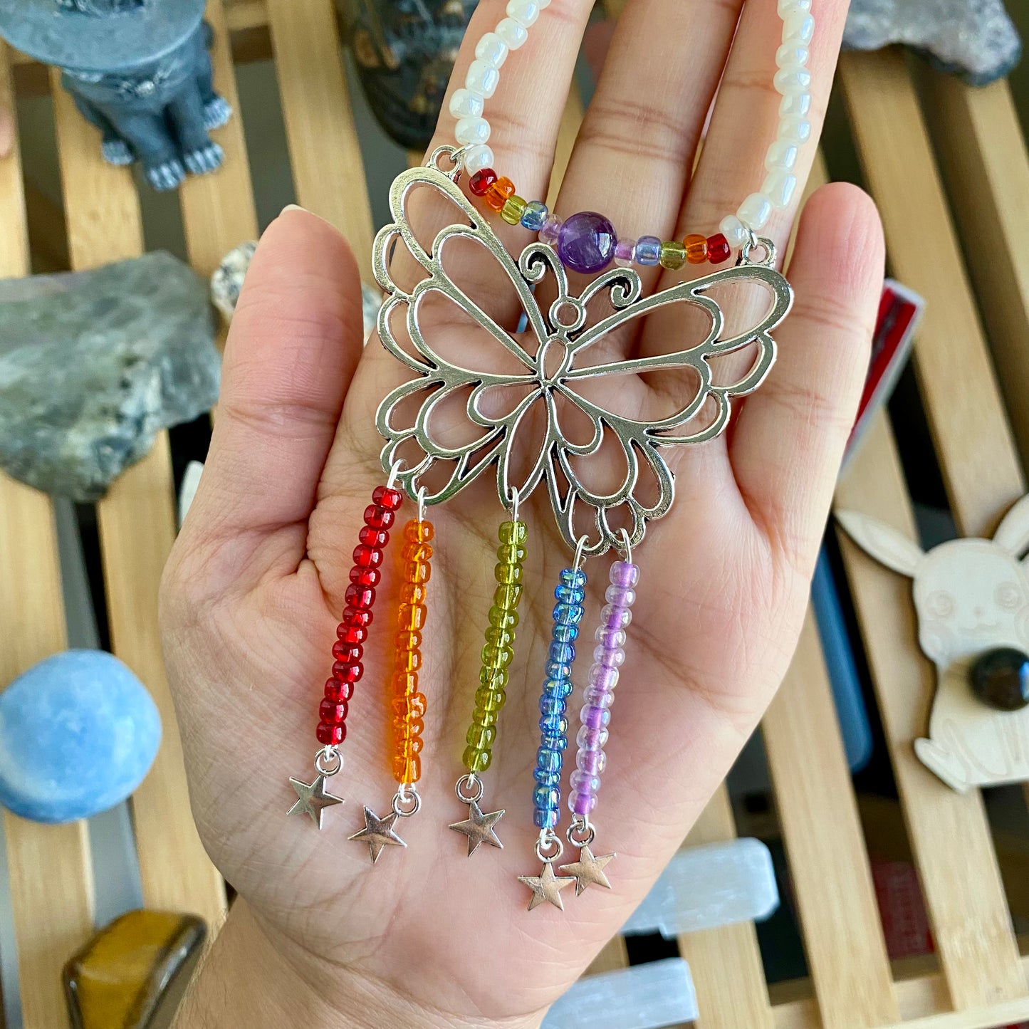 Rainbow Butterfly Beaded Necklace