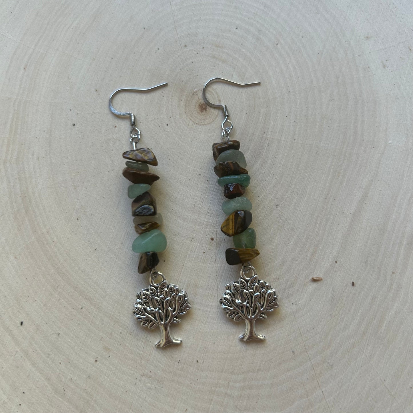 Tigers Eye / Green Aventurine Tree Beaded Earrings