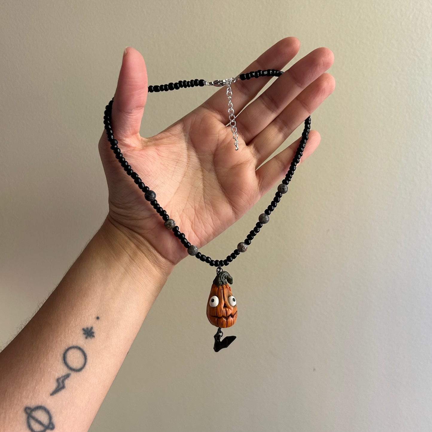 Goofy Pumpkin and Bat Beaded Necklace