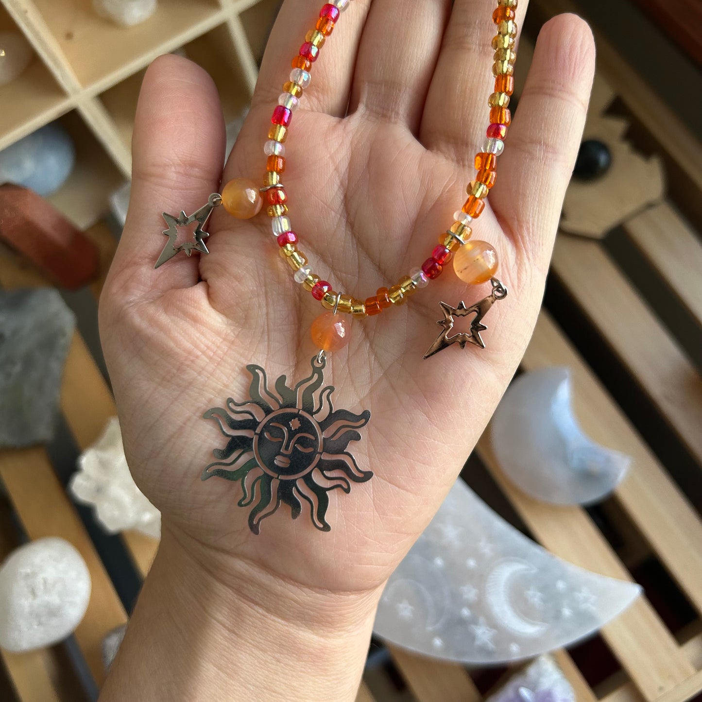 Carnelian Celestial Sun Beaded Necklace