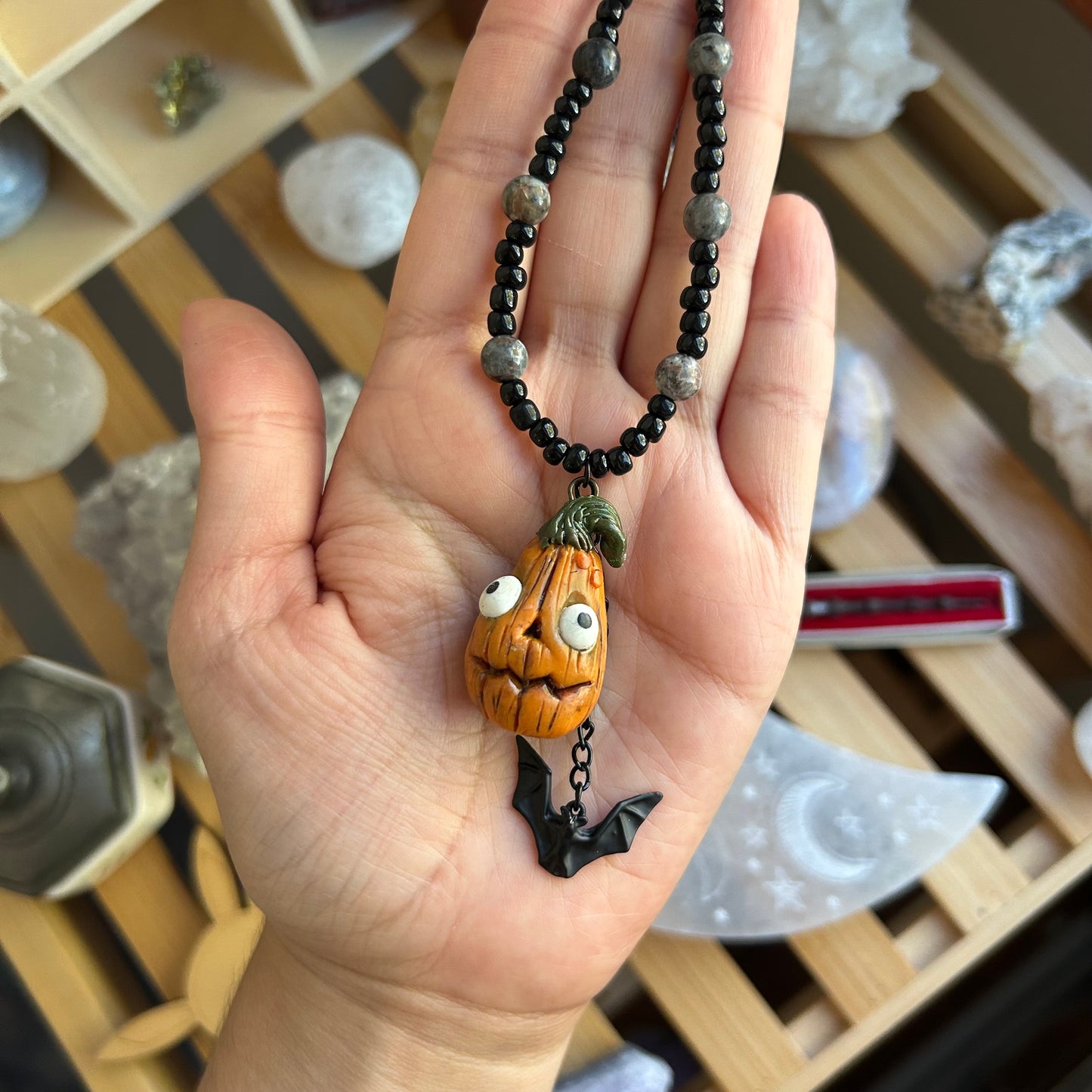 Goofy Pumpkin and Bat Beaded Necklace