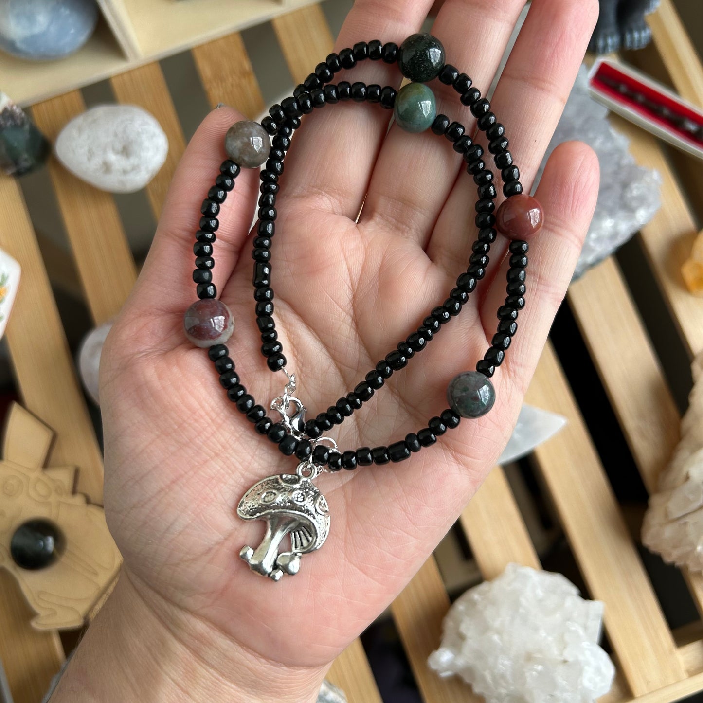 Agate Mushroom Beaded Necklace