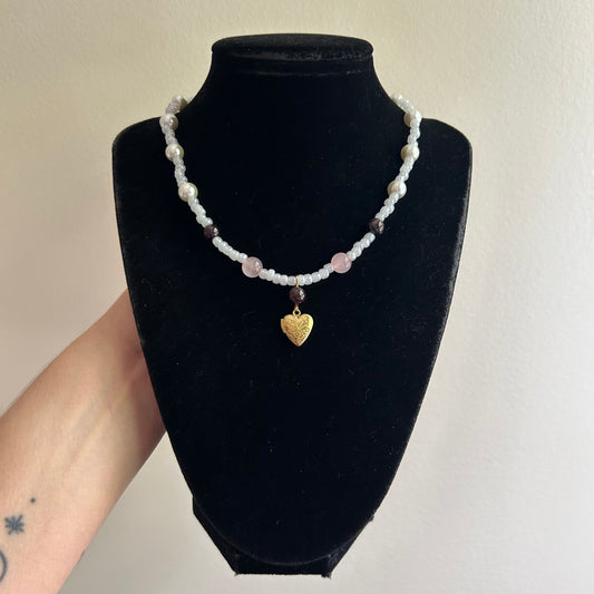 Garnet & Rose Quartz Locket Beaded Necklace