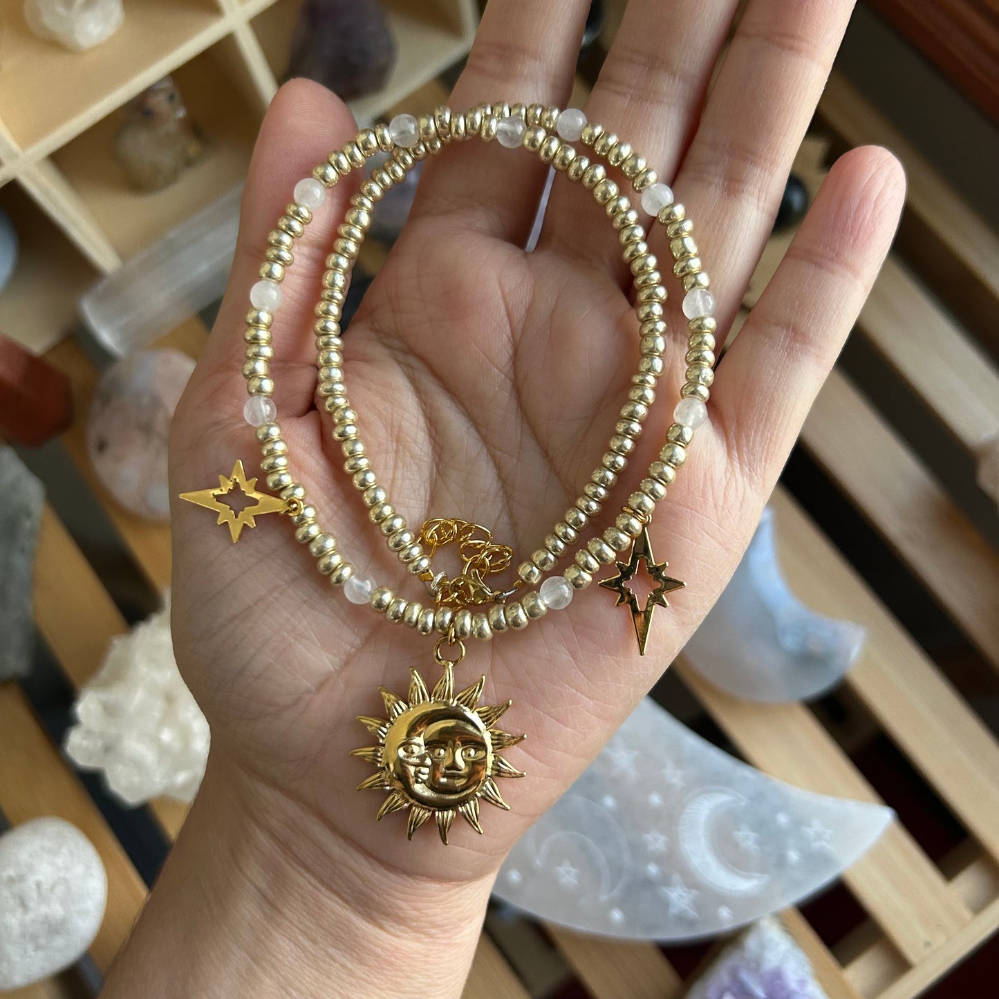 Golden Moon & Sun Quartz Beaded Necklace