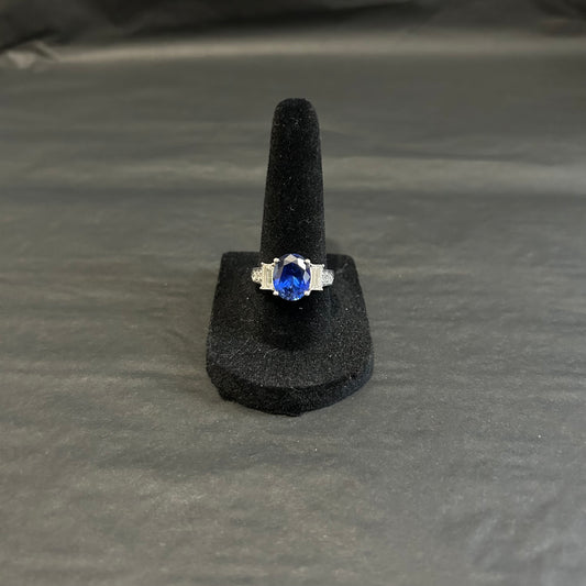 Vintage CZ Imitation Sapphire Sterling Silver Ring (Size US 8)