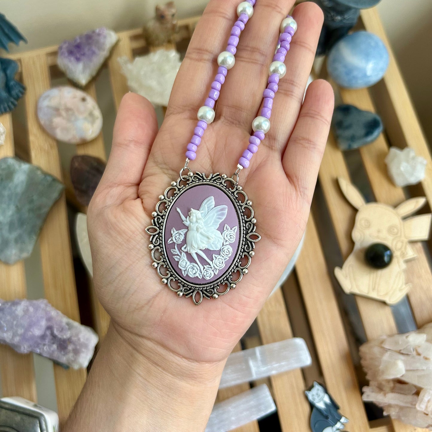 Lavender Fairy Cameo Beaded Necklace