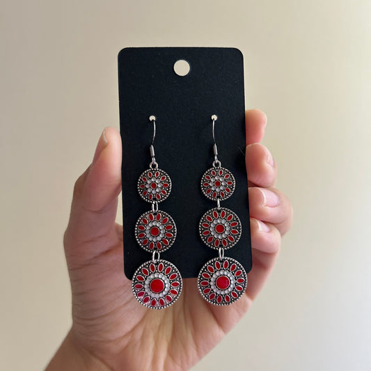 Silver & Red Medallion Earrings