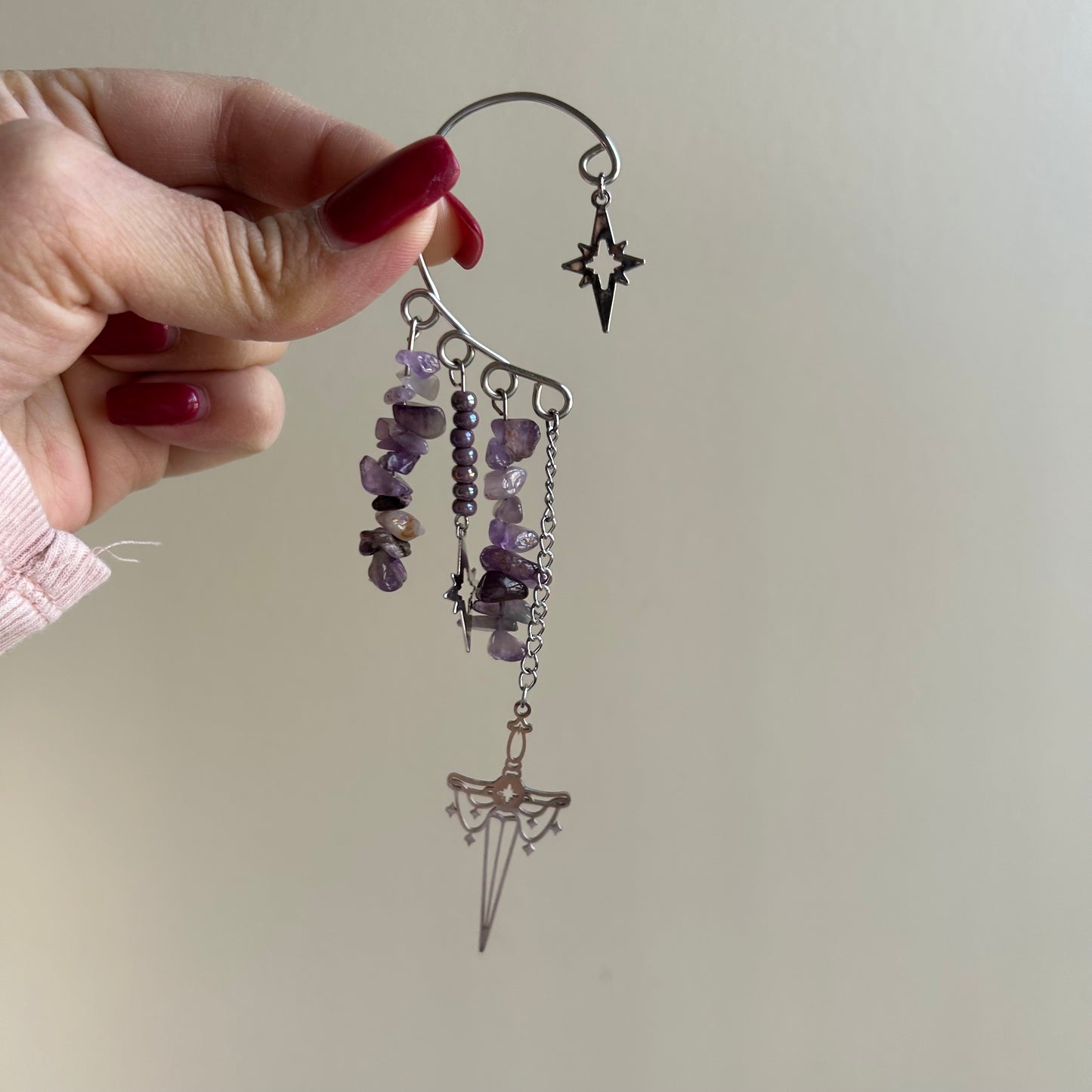 Silver Amethyst Sword Ear Cuffs