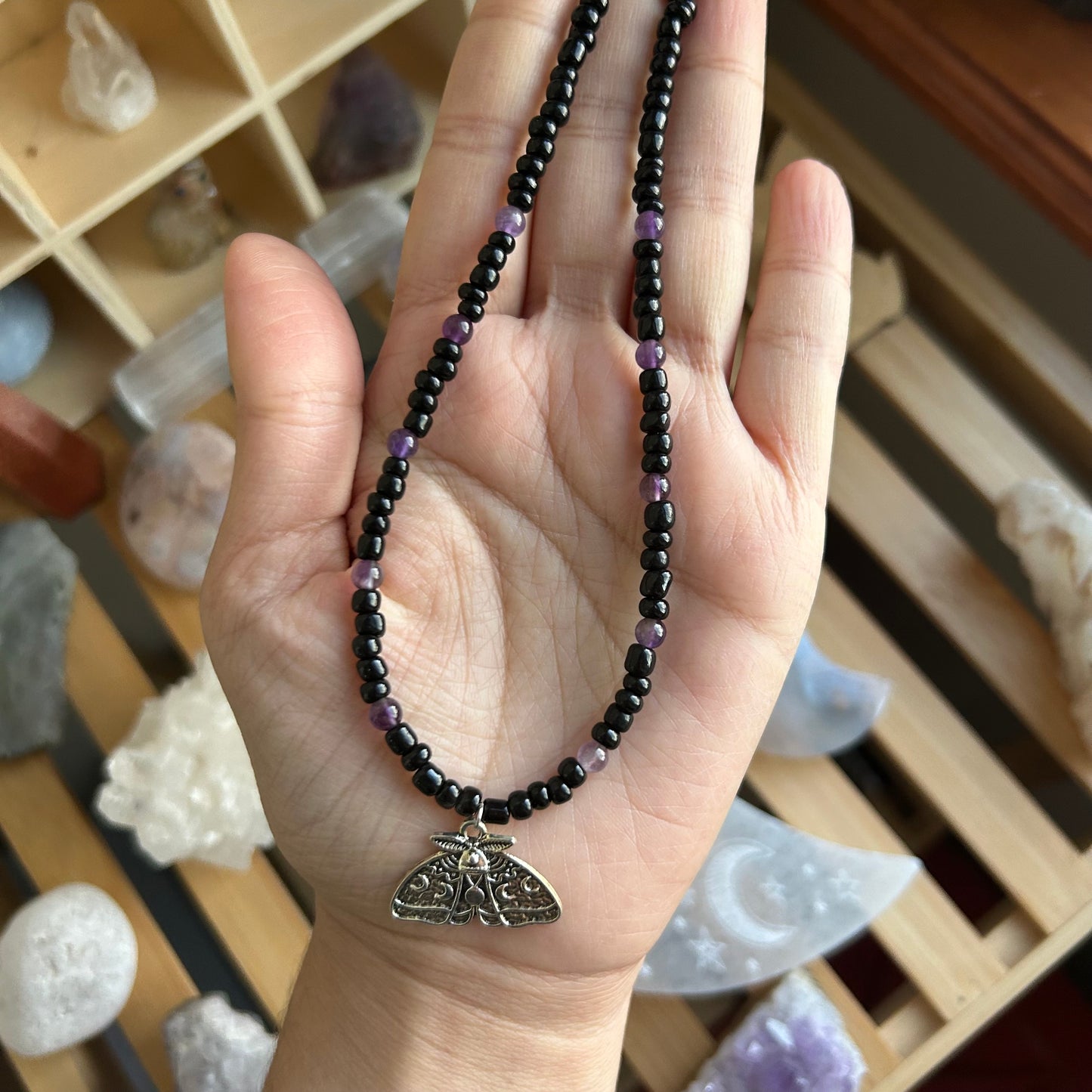 Dark Moth Amethyst Beaded Necklace